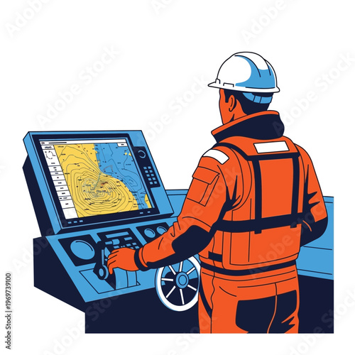Experienced maritime professional skillfully operating advanced electronic navigation system on a ship's bridge, ensuring safe and efficient sea travel with digital charting technology