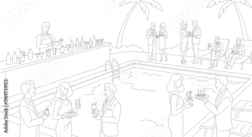 Bartender serving cocktails to guests by the poolside bar at a social event with people enjoying drinks and appetizers