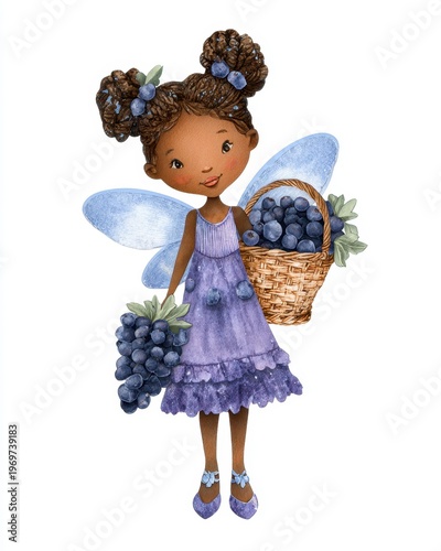 Blueberry Fairy Girl Holding Basket Of Fresh Blueberries