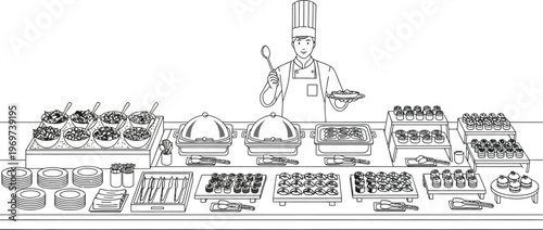 Chef presenting an assortment of food at a buffet table with various dishes and utensils