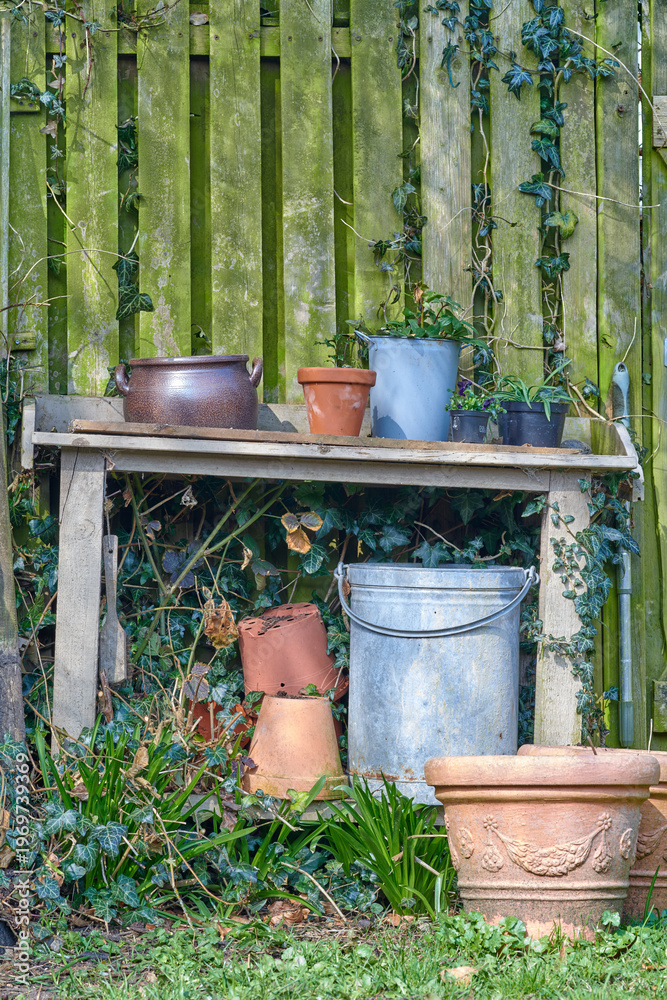 Obraz premium Nature, table and equipment in empty garden for landscape, eco friendly or growth of plants. Botany, outdoor and furniture with flower pots for ecology hobby at park in spring season with greenery.