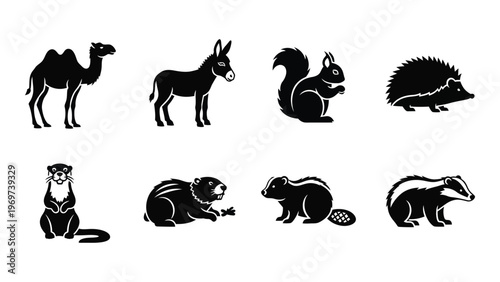 A collection of eight animal silhouettes including a camel donkey squirrel and hedgehog against a white background silhouette high quality professional