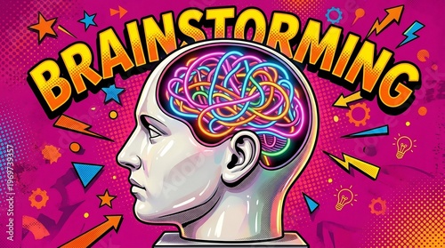 Wallpaper Mural A stylized, colorful graphic illustration depicts a human head profile with tangled, glowing neon lines representing a complex brain and the concept of brainstorming. Torontodigital.ca