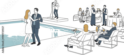 People enjoying a poolside party with a singer and food service