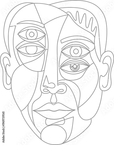 Cubist face, abstract portrait, geometric lines, monochrome illustration, vector art