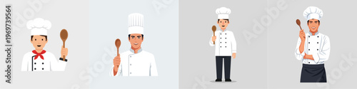 Set of four diverse chefs in traditional uniform holding wooden spoons, showcasing culinary expertise and professional cooking attire