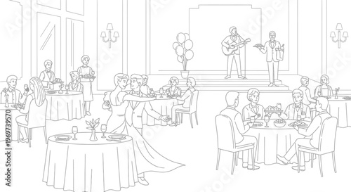People enjoying a meal at a fancy restaurant with live music performance
