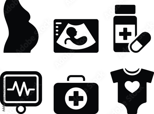 Icons representing various aspects of maternal and infant healthcare and wellness