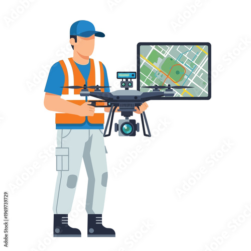 Operator holding a drone and checking the map on a tablet, ready for aerial photography and surveying