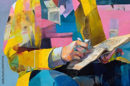Painted person holding an open book, reflecting concepts of knowledge, learning, and education with vibrant colors and layered textures