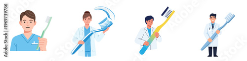 Diverse illustrations of dental professionals promoting the concept of daily oral hygiene with toothbrushes, emphasizing healthy habits for a bright, confident smile