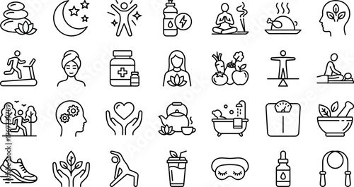 Wellness and Healthy Lifestyle Icon Set Featuring Fitness, Nutrition, Meditation, Self Care, Mental Health, Exercise, Spa, and Holistic Living Line Vector Symbols