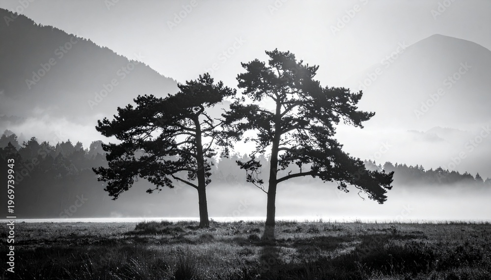 Obraz premium Majestic Trees in Misty Landscape A Serene Black and White Scene of Nature's Beauty Tranquil Outdoor Scenery.