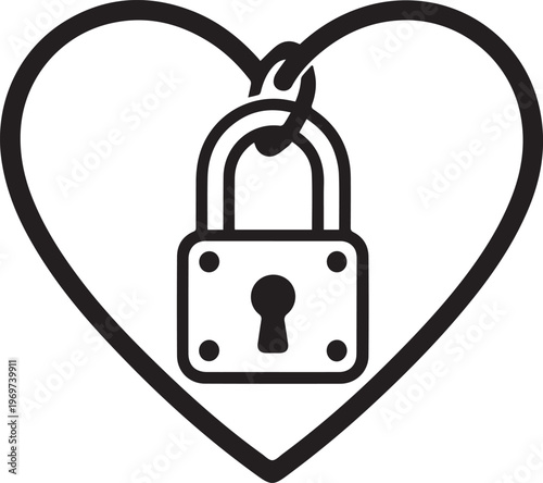 A Heart Locked in Love's Embrace: a minimalistic line art illustration depicting a heart with a lock, symbolizing the concept of love, security, and protection.