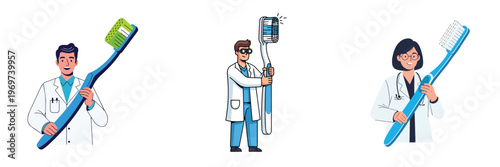 Illustrations of dentists holding giant toothbrushes, symbolizing oral hygiene and dental care with a focus on health and wellness