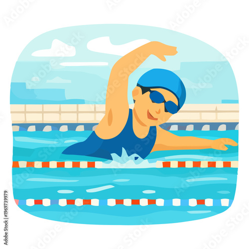 Flat vector illustration of swimmer in pool performing freestyle stroke, healthy lifestyle and sport activity concept