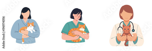 Professional female veterinarians providing compassionate care for feline companions, illustrating dedicated animal healthcare services and a nurturing bond with their patients
