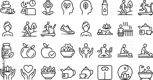 Wellness and Healthy Lifestyle Icon Set Featuring Yoga, Meditation, Fitness, Nutrition, Spa, Mental Health, Exercise, and Holistic Living Line Vector Symbols