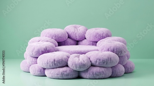 Wallpaper Mural A circular arrangement of fluffy, pastel lavender cushions forms an abstract, throne-like seat with a central elevated platform, set against a soft green background. Torontodigital.ca