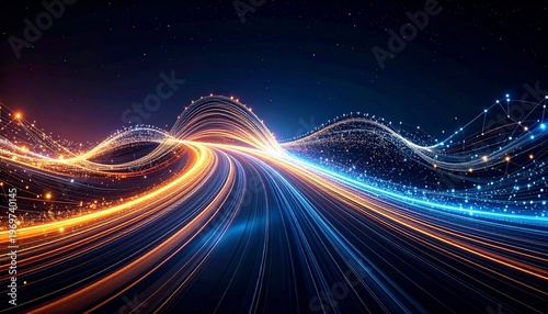 Dynamic light trails abstract background energy streams with vibrant colors and network connections for modern concepts.