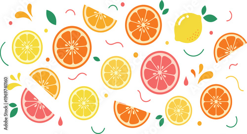 Fresh Citrus Slice Pattern Vector Set with Orange, Lemon, Grapefruit Pieces, Juicy Fruit Elements, and Healthy Organic Food Illustration Collection.
