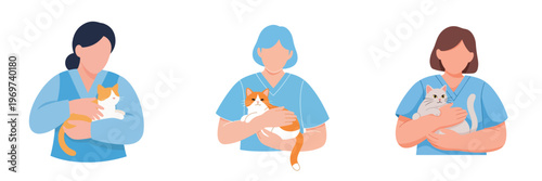 Illustrations of diverse individuals compassionately holding cats, highlighting responsible pet ownership, professional veterinary care, and the loving human-animal bond