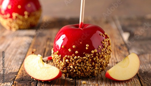 Sweet Temptation Red Caramel Apple with Nuts on Wooden Surface Autumn Still Life.