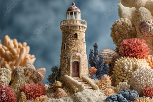 Lighthouse miniature artfully constructed from tiny seashells and corals, showcasing marine life and coastal decor
