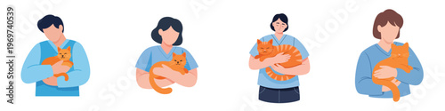 Illustrations of diverse people, men and women, tenderly holding their orange tabby cats, showcasing the emotional bond and companionship with beloved feline pets