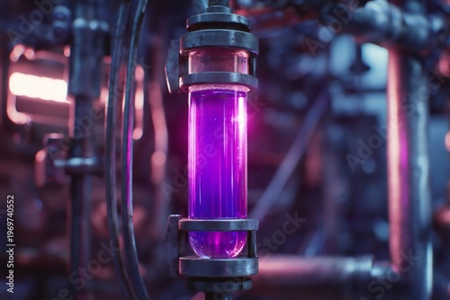 Glowing purple liquid argon filling a glass tube in a complex industrial or scientific experimental setup with pipes