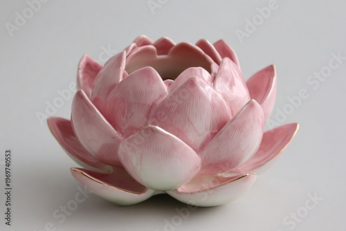Pink porcelain lotus money box on white background, decorative ceramic savings container symbolizing prosperity, wealth and spirituality