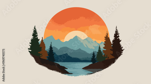 Sunset Mountain Forest Landscape With River In Circular Emblem Vector Illustration