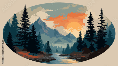 Sunset Mountain Forest Landscape With River In Circular Emblem Vector Illustration