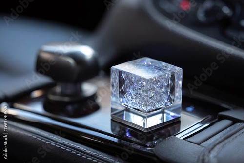 Crystal cubic air freshener adorning a high end car's dashboard, highlighting refined aesthetics and a premium atmosphere