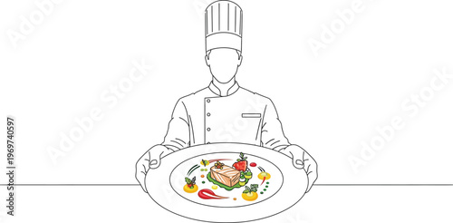 Chef presenting a delicious dish with colorful garnishes and sauce