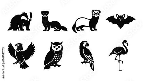 A collection of diverse animal silhouettes including a badger ferret bat birds and flamingo silhouette high quality professional detailed modern elegant