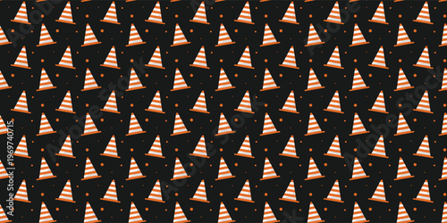 Orange traffic cone repeating pattern for roadwork and safety warning decor. Safety pattern