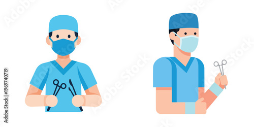Vibrant illustration of two medical professionals in scrubs, masks, and caps, holding surgical instruments, symbolizing dedicated healthcare workers, essential services, and the medical field