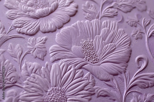 Lilac surface featuring a detailed embossed floral pattern, creating a beautiful and delicate texture background
