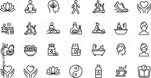 Wellness and Self Care Icon Set Featuring Yoga, Meditation, Fitness, Nutrition, Spa, Healthy Lifestyle, Mental Health, and Relaxation Line Vector Symbols
