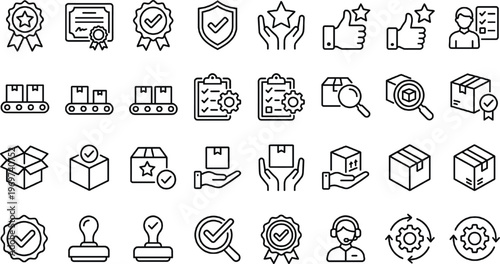 Quality Assurance and Delivery Icon Set Featuring Certification, Packaging, Inspection, Approval, Logistics, Warranty, Support, and Supply Chain Line Vector Symbols