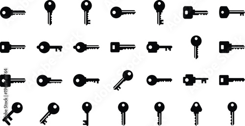 Collection of diverse keys a black and white iconographic representation of security and access