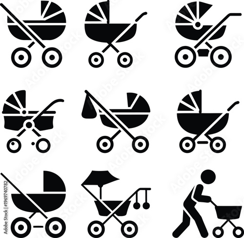 Assorted stylized icons of baby strollers and a person pushing one