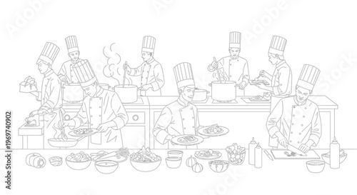 Professional chefs working together in a busy commercial kitchen environment