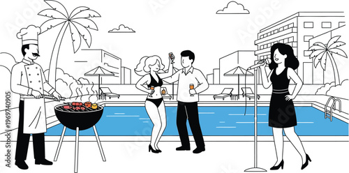 Chef grilling food for people by swimming pool on sunny day