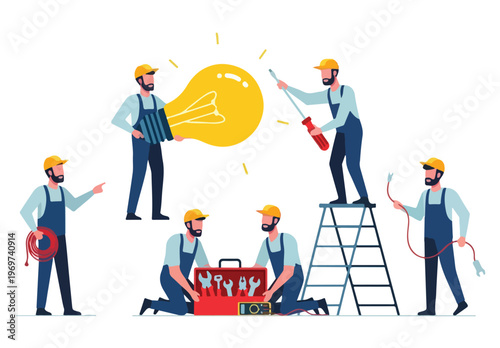 Collaborative team of skilled technicians and workers developing innovative solutions, demonstrating teamwork, problem-solving, and professional execution for a bright new idea