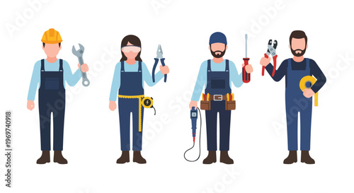 Skilled workers in overalls holding tools and equipment, representing construction and repair services