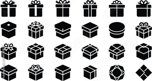 Collection of black gift box icons in various shapes and styles