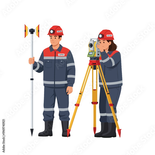 Professional land surveyors team working with advanced geodetic equipment, including a total station and ranging pole, performing measurements in a modern flat design vector illustration