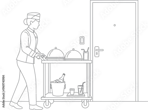 Hotel waiter pushing a service cart with food and drinks to a guest room door